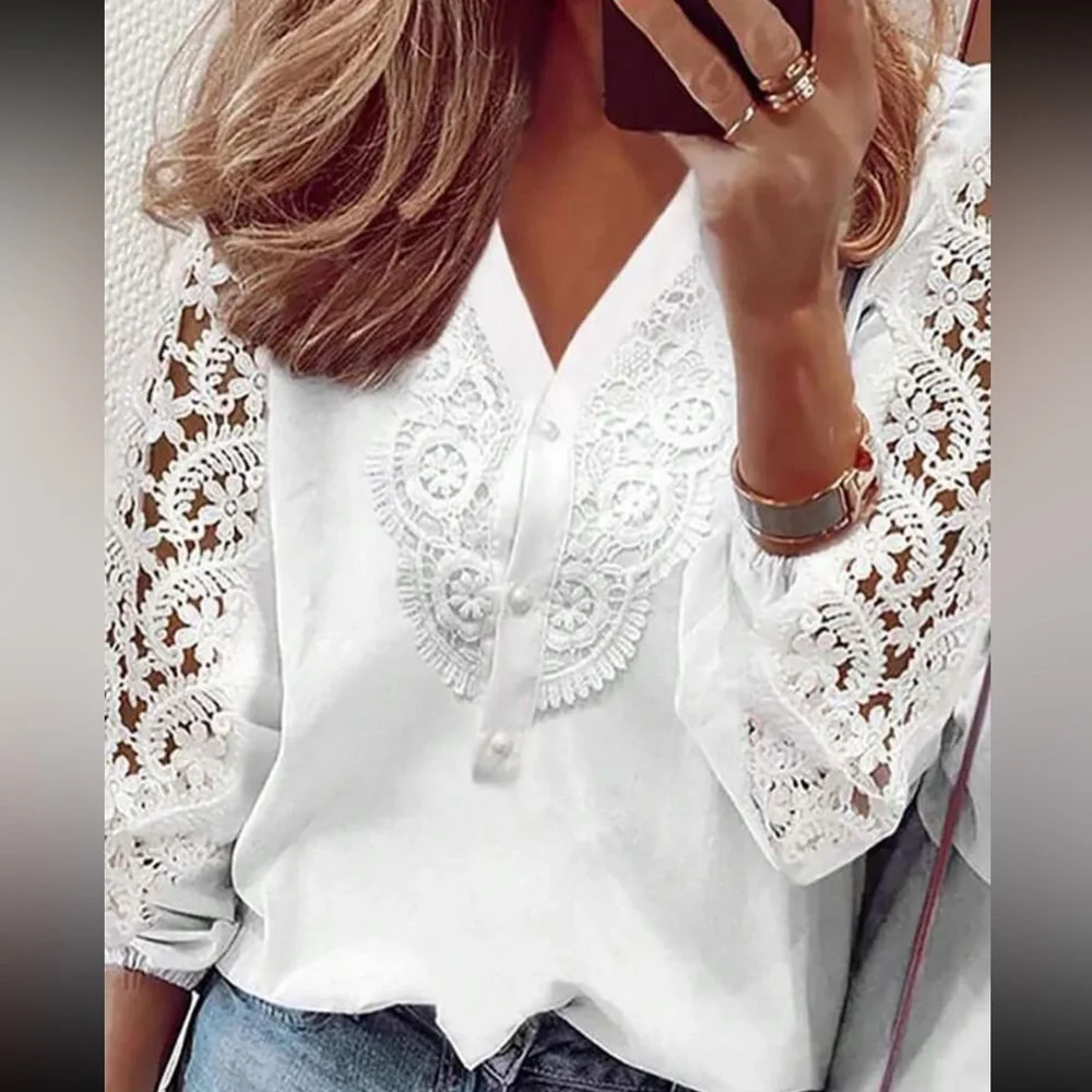 Luxe lace detail V neck blouse